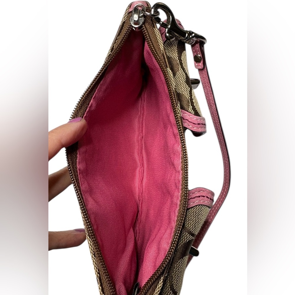 COACH 2005 Signature Double Pocket Wristlet Khaki Pink Trim – Vintage EUC - Picture 7 of 11